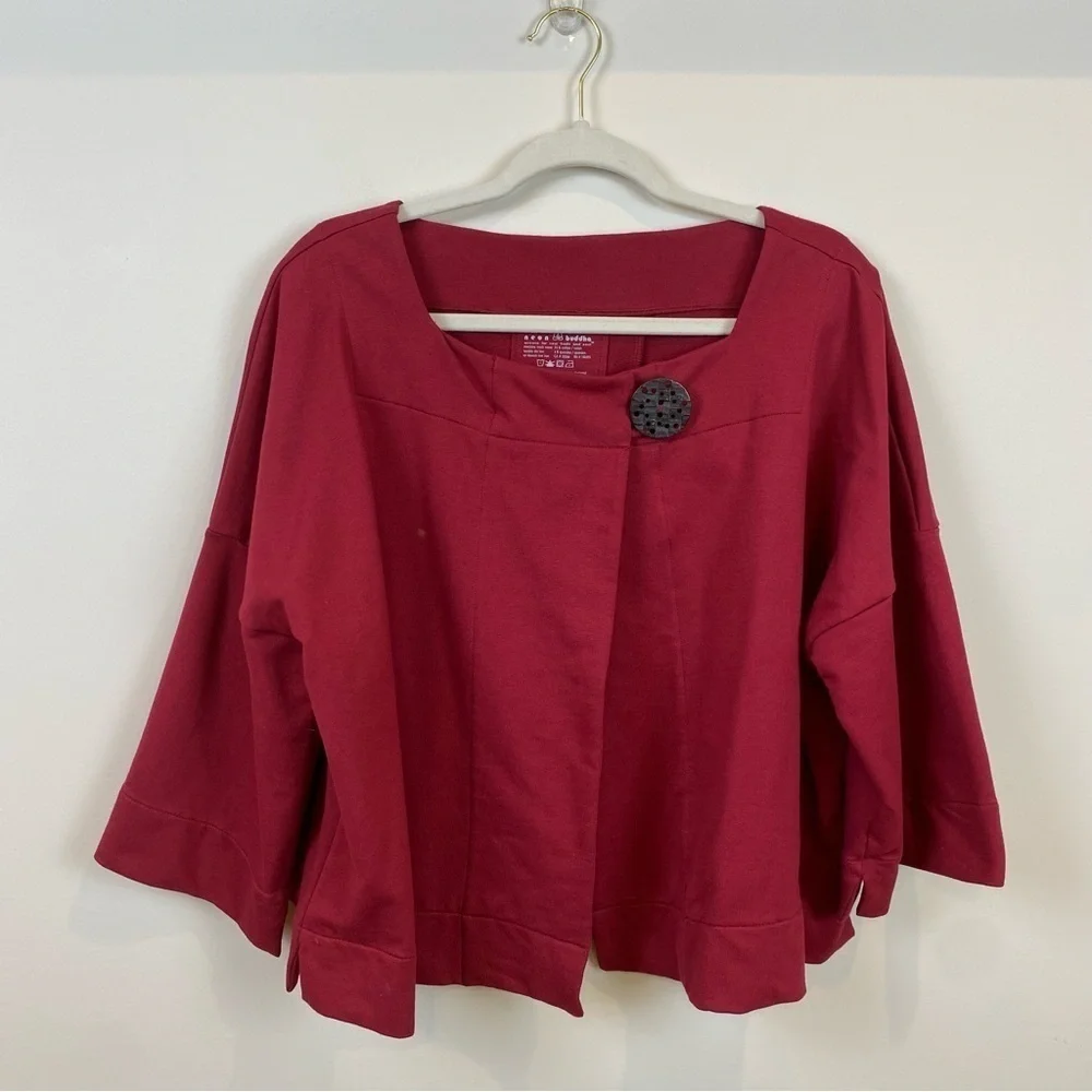 Neon Buddha Swing Jacket Deep Red Sz M Square Neck Oversized Cropped Wood Button - Picture 15 of 17